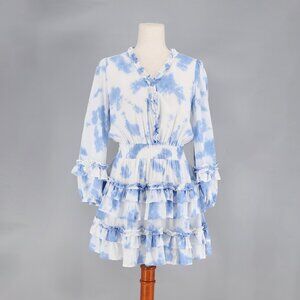 CAKE FOR DINNER Meadow Blue Tie Dye Ruffle Tiered Flowy Mini Dress Size S